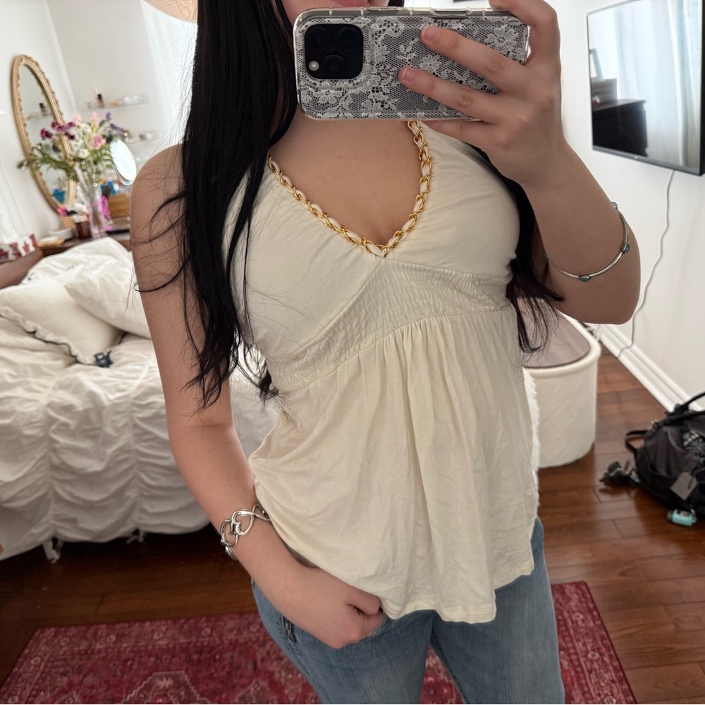 Chic Cream Blouse with Gold Detailing